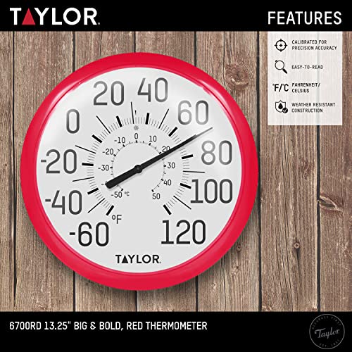 Taylor Big and Bold Wall Dial Thermometer, Indoor Outdoor Thermometer, Wireless Thermometer with Easy to Read Numbers for Patio, Pool, Garage and Indoor Areas, 13.25-inch, Red - color: Red, size: 13.25 inches (Pack of 1)