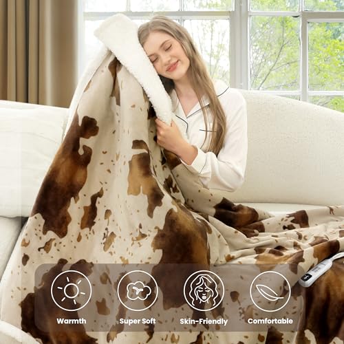 Heated Blanket Twin Blanket - Fast Heating Electric Blanket, Soft Heated Throw with 4 Time Settings,10 Heating Settings, Warm Gifts for Women Mom Grandma(62" x 84" Cow Print Apricot) - color: 05 - Apricot Ombre-khaki, size: Twin 62" x 84"
