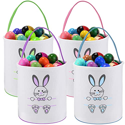 4 Pieces Easter Bunny Basket Egg Bags for Kids Cloth Tote Bags Canvas Cotton Empty Personalized Candy Egg Basket Bunny Print Buckets Carrying Presents and Eggs Hunt Bag Toys Bucket Boys Girls - style: Cute