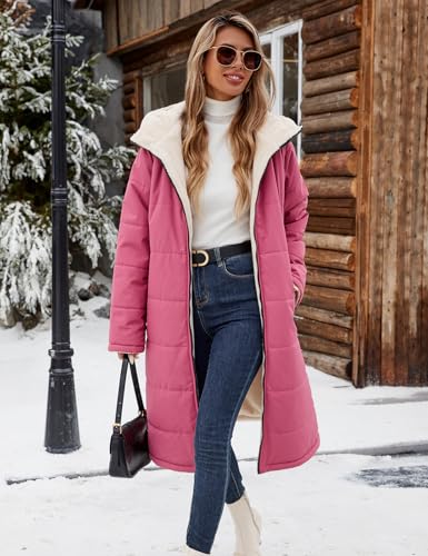 Yusongirl Women's Reversible Long Winter Puffer Coat with Hood and Fleece | Two wearable sides for winter commutes, school runs and city errands, with quilted warmth, soft fleece, a hood and pockets - color: Brick Red, size: X-Large