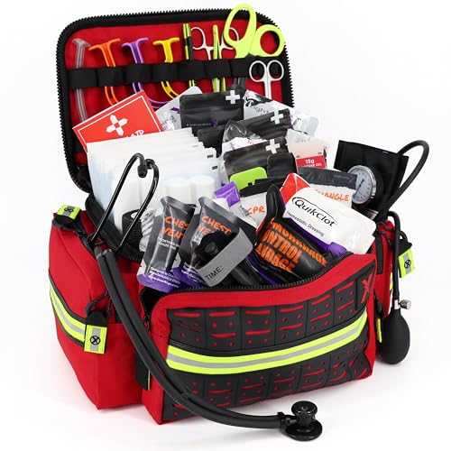 Lightning X Mid-Sized First Responder EMT Bag | LXMB25 | Fully Stocked w/ 248+ First Aid Supplies + Trauma Pak w/C.A.T. Tourniquet & QuikClot - RED - color: Red