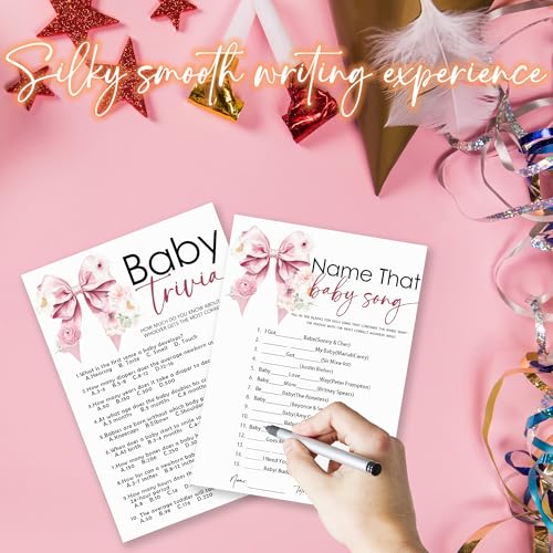 Name That Baby Song & Trivia Theme Baby Shower Game Activities-30 Pink Bow & Floral Double-Sided Game Cards(5’’x7 ’’) & 1 Answer Card(4’’x6’’) For Boys & Girls-Gender Neutral Decor & Supplies-A02 - color: Name That Baby Song & Baby Trivia