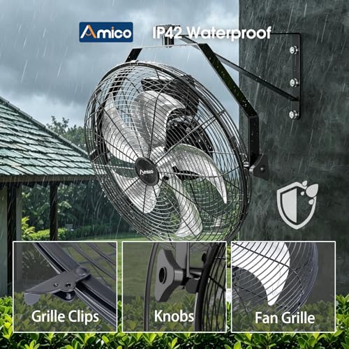 Amico 18 Inch Wall Mount Fan with Remote, Brushless DC Motor, 9-Speed | Industrial Metal Fan, High Velocity Wall Fan, 4000 CFM Commercial Fans for Garage, Greenhouse, Warehouse, Patio, Outdoor - size: 18 inch