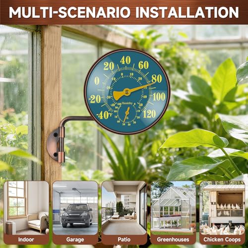 4 Inch Outdoor Thermometer and Humidity Gauge, Brass Analog Dial, Window Thermometer for Outside Temperature & Humidity Monitor, Battery-Free for Patio Garage Greenhouse Garden Wall - color: Green, size: 4 Inch