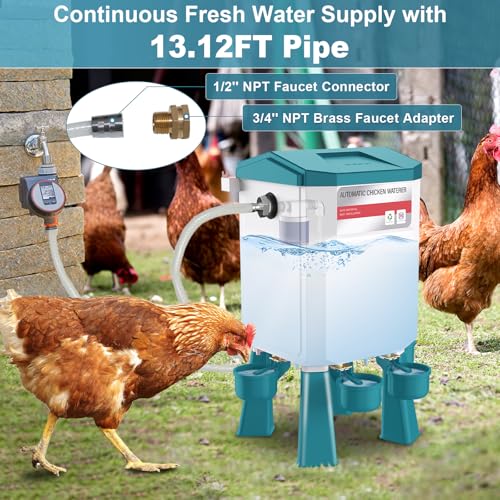 Automatic Chicken Waterer 2 Gallons, Float-Controlled Chicken Water Feeder with 4 Water Cups, 158.4-Inch Hose with 3/4'' and 1/2'' Ends, Large Poultry Waterer for Chick Quail Duck Turkey, Blue - color: Blue