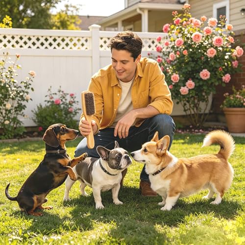 Boar Bristle Dog Brush for Short Haired Dogs, Natural Wooden Grooming Tool, Reduce Shedding, Detangle & Massage Sensitive Skin, Grooming to Calm Dogs & Build Pet Owner Bonding (Peach wood) - color: Peach wood