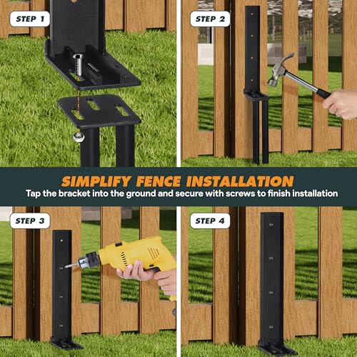4 Pack Fence Post Repair Kit, Adjustable Steel Ground Stake Anchors | Heavy Duty Fence Post Support With Adjustable Connection To Stabilize Leaning, Loose Or Weakened Wooden Posts For Outdoor Use
