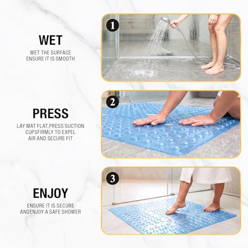 HITSLAM Square Shower Mat 27x27 Inch, Extra Large Non Slip Shower Mats for Inside Shower Stall, Anti Slip Bath Floor Mat with Strong Suction Cups & Drain Holes, Machine Washable, Blue - color: Blue