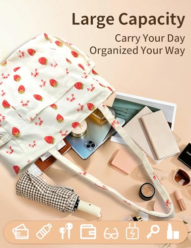 Corduroy Tote Bag for Women, Cute Floral Tote Bag with Zipper, Large Shoulder Handbag with Multi-Pockets for Work Travel Gym - color: Strawberry