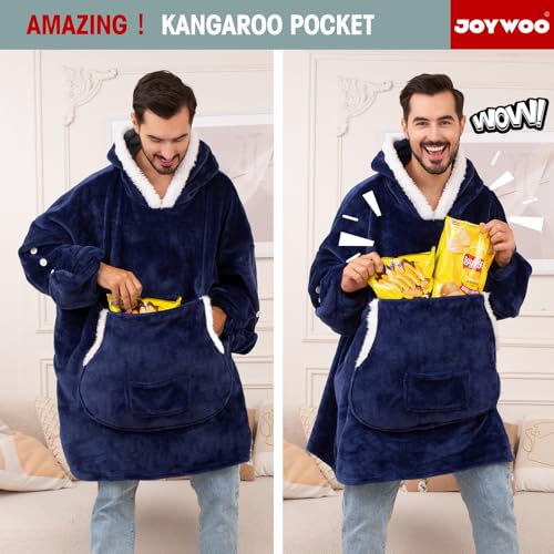 JOYWOO Navy Foldable Wearable Blanket Hoodie with Gloves,Oversized Cat Lovers Sweatshirt Blanket for Adult,Birthday Gifts for Men,Dad,Husband Cozy Sherpa Hooded Blanket with Giant Pocket Winter Gifts - color: Navy Blue, size: Lightweight