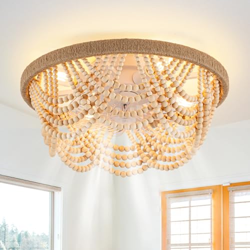 20'' Boho Ceiling Fan with Lights Remote Flush Mount Fandelier | Wood Beaded Coastal Chandelier for Bedroom Living Room, Low Profile Reversible DC Motor 6 Speeds, 4 E26 Bulbs (Not Included) - color: Wood