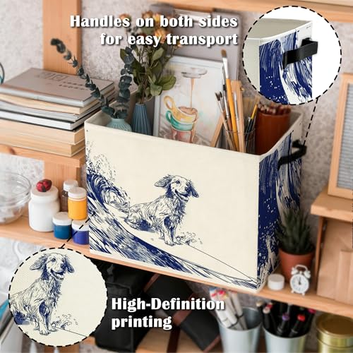 Navy Blue Coastal Dog Storage Bins Box with Handles, Dog Lovers Gifts for Women Men, Nautical Surfing Dogs Collapsible Basket Organizer for Bedroom Bathroom Books Clothes - color: Color07