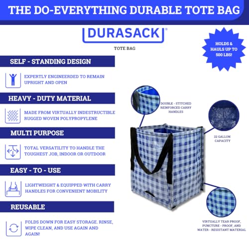 DURASACK Heavy Duty Storage Tote Bag 22-Gallon, Gingham Blue, Pack of 4 | Moving Bag Utility Tote for Laundry, Moving & Home Storage, Reusable Self-Standing Design, Holds up to 500 Pounds - color: Gingham Blue, size: Pack of 4