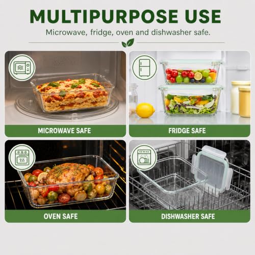 2 Pack Large Glass Storage Containers with Lids 85oz/10.5cup Big Airtight Glass Food Storage Containers for Rotisserie Chicken Watermelon Meal Prep, BPA Free, Freezer Dishwasher Oven Safe - color: green