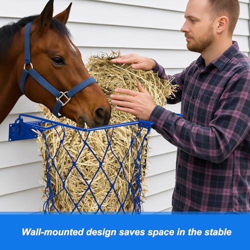 Yaocom 2 Set Blue Wall Mount Hay Feeder for Horses Goats Heavy Duty Hay Rack with Net Slow Feeder Wall Mounted for Stall Barn, Easy to Install and Save Hays (Square) - color: Blue