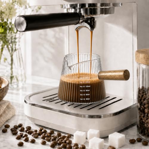 6OZ Espresso Shot Glass Cups Coffee Measuring Cup Coffee Bar Accessories | With wood handle, V-shaped, spout ribbed milk frothing pitcher spouts cup for coffee milk sauce