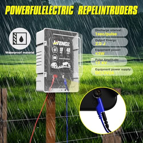 AC/DC 2 in 1 Power Supply, Electric Fence Energizer Kit for 10 Mile Preventing Wild Animal Intrusion, 40 Acre Coverage, 12V Input, 12KV 2 Joule Output, Electric Fence Charger for Livestock - color: BLACK-Complete Kit