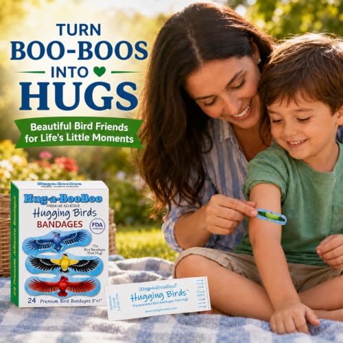 Hugging Birds - Premium Adhesive Bird Bandages from Hug-a-BooBoo, The Bird Bandages that Hug! Pretty Colorful Birds - American Goldfinch, Blue Jay, Red Cardinal, Indian Parrot 24 Ct Box - size: 24ct, style: Hugging Birds