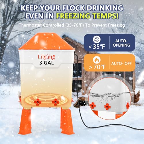 Lilyang Heated Chicken Waterer 3 Gallon, 250W Thermostat Control | Submersible Heat Plate, Chicken Water Heater With Nipples, Freeze-Proof Poultry Drinker for Winter, No-Tools Assembly