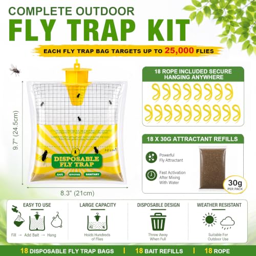 18 Pack Fly Traps Outdoor Flying Insect Trap with Pre-Baited Bait Disposable Hanging Fly Bags for Patio Barn Horse Ranch Chicken Coop, Effective Flying Insect Trap