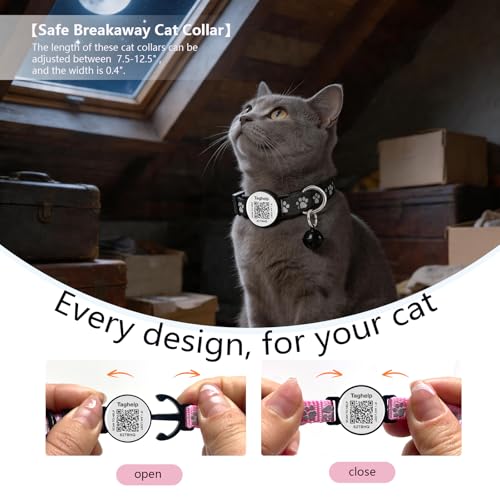 Peace of Mind Cat Collar 2-Pack: QR Code Tag with Permanent Online ID + Breakaway Reflective Collar, Scan for Immediate Contact if Lost (Pink & Black) - color: Paw pattern - Pink & Black