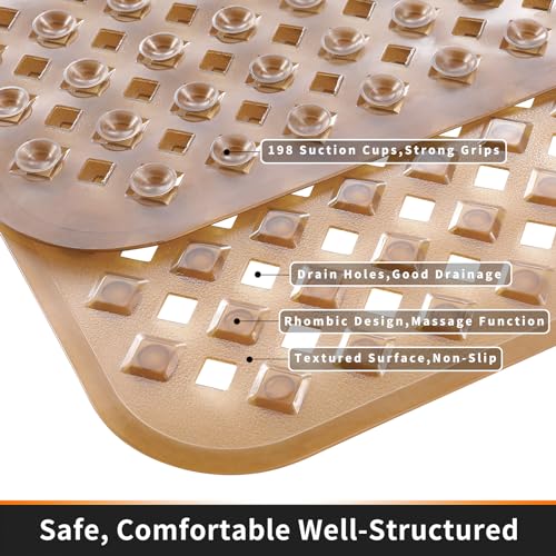 Yimobra Bathtub Mat Non Slip, Super Strong Suction Cups, 27.5"X15.5" Long Shower Mat with Drain Holes, Machine Washable Fast Draining Bath Mats, Bathroom Essentials,Clear Brown - color: Clean Brown, size: 27.5 X 15.5 Inch