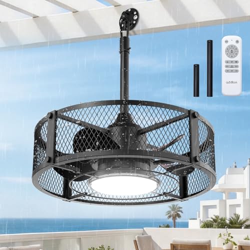 addlon 20" Outdoor Ceiling Fan with Light for Patio, IP65 Plug in Caged Fan | Waterproof, Hanging Hook, Reversible DC Motor, 6 Speeds, Remote Control, Quiet Operation, Timer, for Gazebo, Patio, Porch - color: Black Mesh Cage