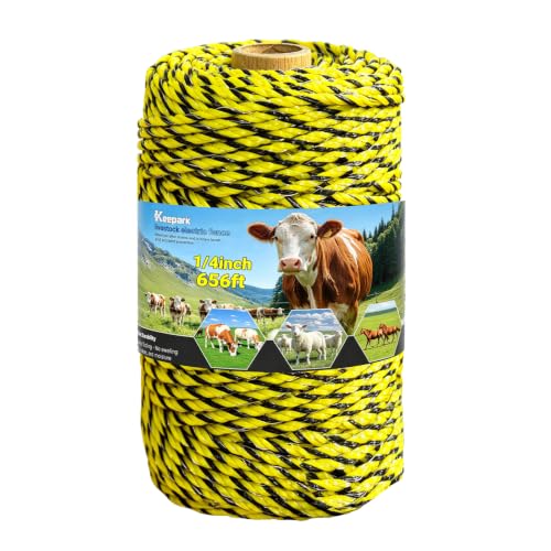 Electric Fence Wire 656 Feet 200 Meters Electric Fencing Poly Wire Rope Line with Reliable Conductivity and Rust Resistance, UV Resistant 1/8inch Diameter - Yellow Black - color: Yellow & Black, size: 1/8 x 656FT
