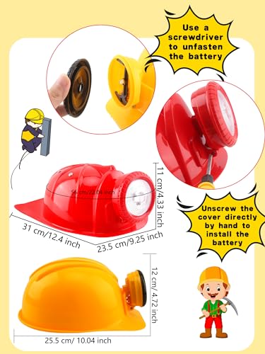 2 Pack Kids Construction Hat Miner Costume Helmet with Light for Boys Girls Dress Up Halloween Party Supplies - color: Red,yellow