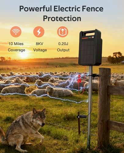 Solar Electric Fence Charger 10 Miles, 0.20J Solar Powered Fence Energizer with Rechargeable 10400mAh Battery, Portable Electric Fence Kit for Livestock, Chicken, Garden Protection, Auto Day/Night