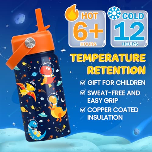 Kids Water Bottle with Straw Lid - 12 Oz Insulated Stainless Steel Dinosaur Water Bottles for Kid Boys - Travel Cup for School Sports - color: Cosmos Dinosaur