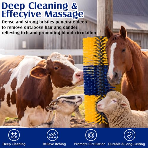 3 Pack Livestock Scratching Brush, Blue and Yellow | Animal Scratcher, Itch Relief Grooming, Horse Goat Cow Scratcher, Fence Post Mounting, Durable Bristles, Farm Livestock Care - color: Blue and Yellow