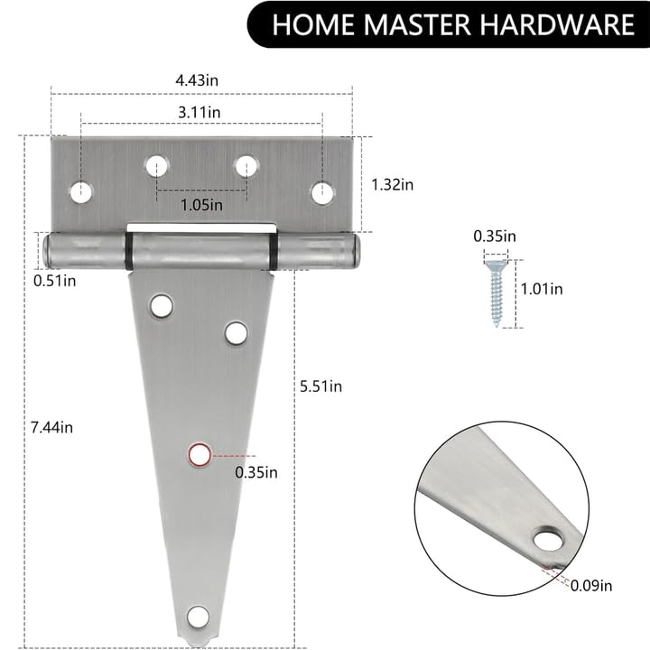 HOME MASTER HARDWARE 6 Inch Stainless Steel Gate Hinges for Wooden Fences Heavy Duty Tee Hinges,Shed Door Hinge,T-Strap Hinge for Outdoor Barns Gate with Screws 4 Pack | T Hinges for Outdoor Wood, Shed and Barn Door, 100LBS Capacity, Rotate 270 Degrees, I