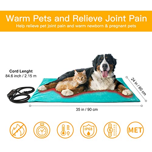 Toozey Large Pet Heating Pad, 6 Adjustable Temperature Dog Cat Heating Pad with Timer, Waterproof Heated Dog Bed with Chew Resistant Cord, Indoor Electric Pet Heated Mat 35x24in - color: Green, size: 35.0"L x 24.0"W x 0.6"Th