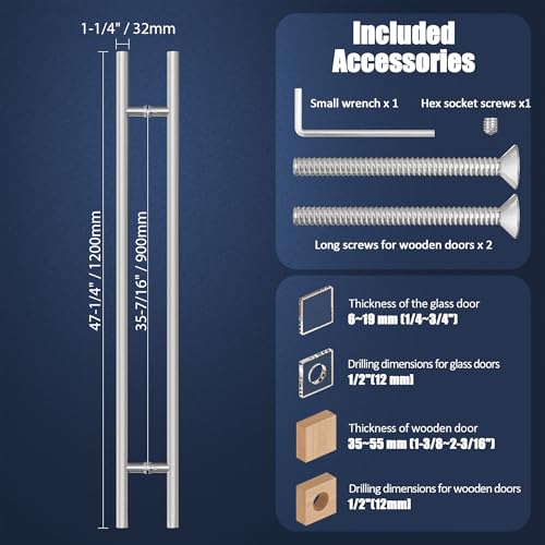 Ranbo 48" Door Pull Handle, 1.2mm 304 Stainless Steel, Brushed Nickel | 35-7/16" Hole Spacing, Fits 1/4"–3/4" Glass Doors and 1-3/8"–2-3/16" Wood Doors, for Entry, Commercial and Storefront Door - size: 48 inches/1.26 inches Cross Section Diameter