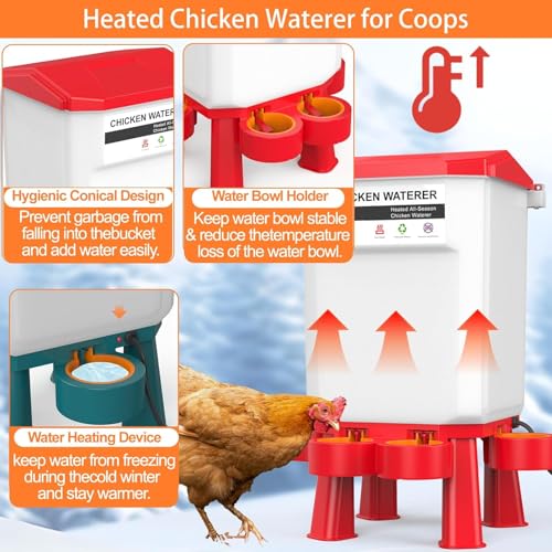 Hanging Heated Chicken Waterer, 2 Gallon Plastic Chicken Water Heater Heated Poultry Drinker, Detachable Legs, Winter and Summer Dual-use, Poultry Water Heater for Chicken Goose Duck - Red