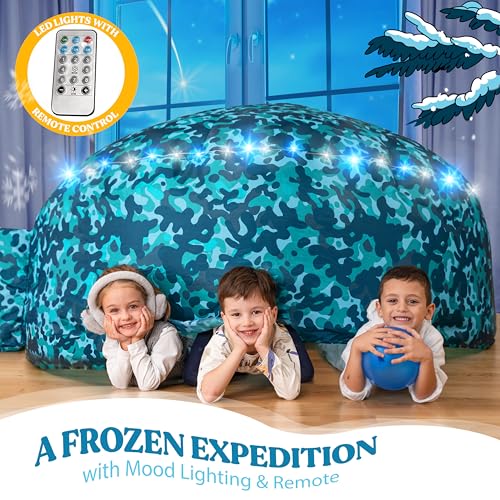 W&O Arctic Camo Inflatable Fort with Lights & Sound - Fan Not Included | Arctic Camo Aerodome with LED Lights, Sound Button & Snowy Camo Design. Uses Standard Box Fan, Indoor Play, Ages 3-12 - color: Arctic Camo