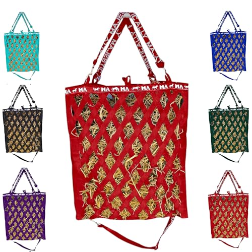 Majestic Ally Double Side Open Slow Feeder Hay Bag - Diamond Shaped Obliquely Placed Webbing (Red) - color: Red