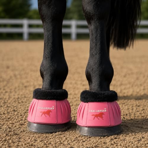 CHALLENGER Horse Training Ribbed Rubber Hoof Impact Overreach Protection Fleece Lined Bell Boots 41HI01 - color: Pink, size: Medium