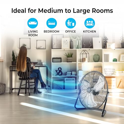 Comfort Zone 20-Inch High-Velocity Industrial Floor Fan, Heavy-Duty 3-Speed Metal Shop Fan with 180° Adjustable Tilt & Carry Handle, Quiet Vibration-Free Cooling for Garage, Workshop, & Home - size: 20"