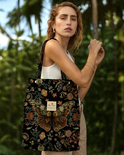 Miss Adola Corduroy Tote Bag for Women with Aesthetic Design | Magnetic Buckle & Pocket, Reusable, Soft, Roomy, Long Shoulder Handles, Double-sided Print, Casual Daily Work, Grocery Bags - color: Floral Butterfly, size: Large