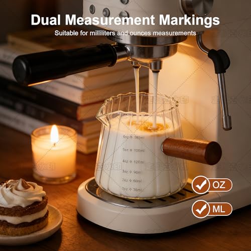 Espresso Measuring Cup, 6 Oz Espresso Shot Glass with ML Scale | Espresso Cups with V-Shaped Spout & Wood Handle, Heat-resistant Borosilicate Glass Pitcher for Coffee, Milk & Syrup - color: 1 pcs