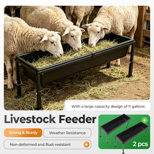 2 Pcs Livestock Feeders Water Trough 42" Long 11 Gallon with | Adjustable Stand for Feeding Farm Livestock Sheep Horses Chickens Pigs and Cattle Steel+Plastic Powder Coated