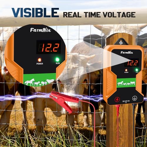 12 KV Electric Fence Charger with LED Display, 2 Joule, 10 Miles | Waterproof, AC DC, High Power, Portable for Livestock & Predator Protection, Gardens, Orchards, Dogs, Pets, Poultry