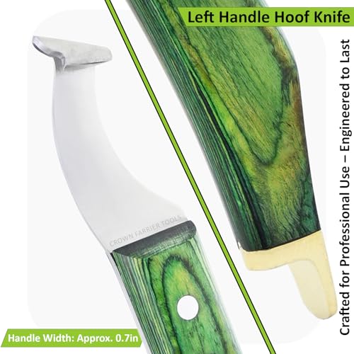 – Super Sharp Hoof Knife with Brass End | Precision-Sharpened Stainless Steel Blade & Wooden Handle | Pro Farrier Hoof Trimming Tool for Horses & Equine (Green, Left-Hand)