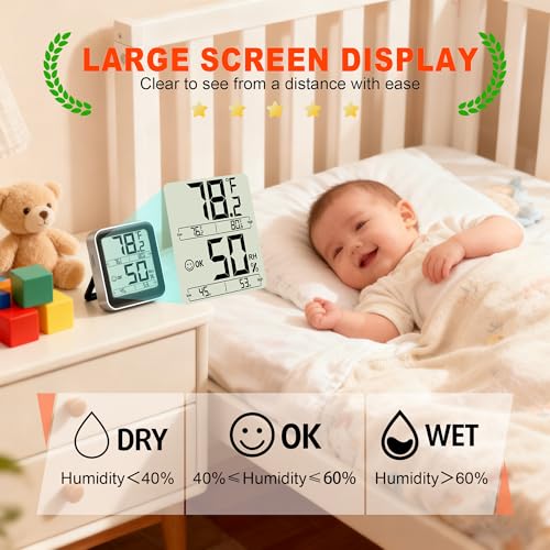 Antonki Indoor Thermometer Hygrometer, Max Min Records, w/Battery | Real-time comfort indicator, 5s refresh, Easy To View, Magnetic/Stand, °F/°C switch for home, office, nursery, greenhouse