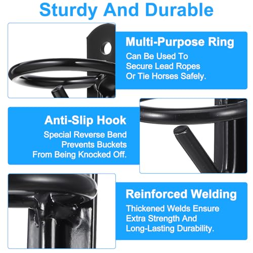 6 Pack Heavy Duty Bucket Hooks for Horse Stalls Anti-Tip Metal Bucket Holder for Horse Feed and Water Stable Barn Fence Accessories with Screws, Black