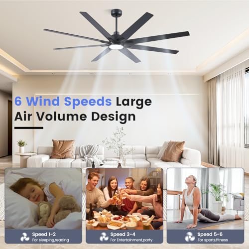 Newday 72 Inch Black Large Ceiling Fan with Light, Remote, Reversible DC | 8-blade, 6-speed with timer, 3CCT dimmable LED, silent high airflow, 3 downrods for living room, patio, indoor/outdoor - size: 72 Inch