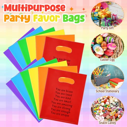 Coume 100 Pcs Back to School Gifts Bags for Students Rainbow Inspiration Quotes Plastic Goodie Snack Treat Bags with Handles Birthday Party Favors from Teachers, 6" x 8" - style: Classic Style