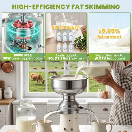 Electric Milk Cream Separator 50L/H 304 Stainless Steel 5L Bowl | Centrifugal skimmer professional fat separator machine for fresh cow & goat milk, 10500 rpm for home farm,100-240V